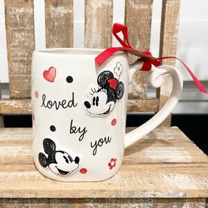 NWT Rae Dunn Disney Mickey and Minnie “LOVED BY YOU” with heart shape handle mug